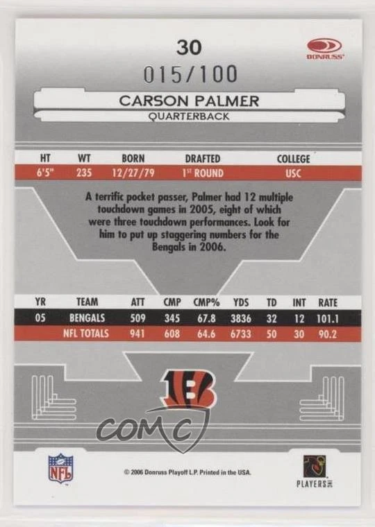 2006 Leaf Certified Materials Mirror Red /100 Carson Palmer #30 - Image 2 of 2