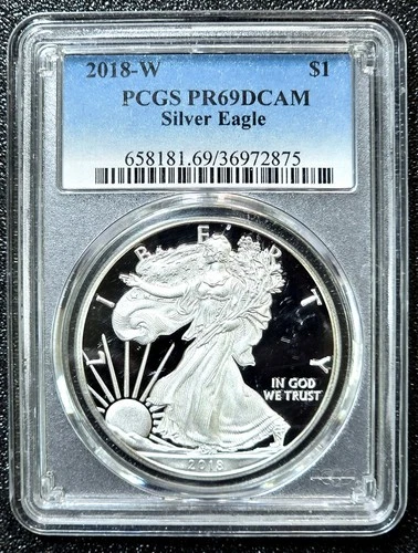 2018 W PROOF AMERICAN SILVER EAGLE $1 DOLLAR 1 OZ COIN PCGS PR 69 DCAM