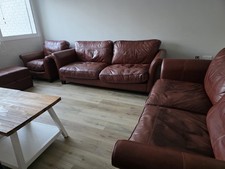 DFS Burgundy Full Leather 3-Piece Suite Sofa and Chairs