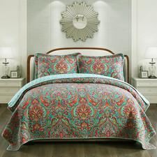 King Cotton Bedspread Quilt Set Reversible Floral Patchwork Coverlet 3 Piece