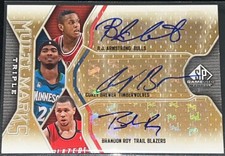 BRANDON ROY B.J. ARMSTRONG COREY BREWER 2009-10 SP GAME USED TRIPLE AUTO SP /50