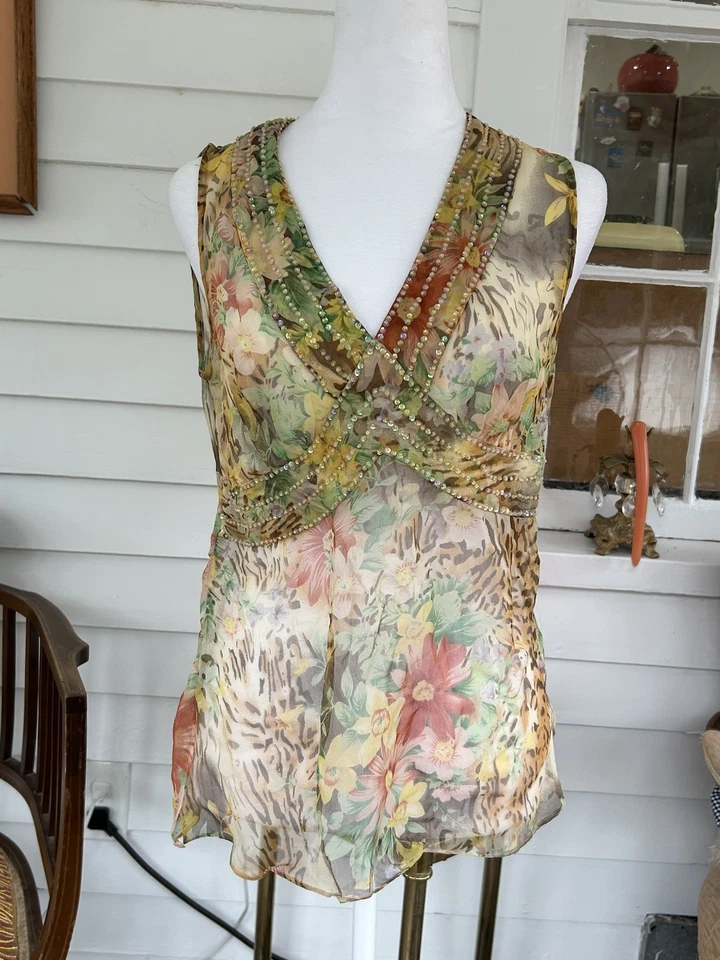 Y2k vintage floral animal print rhinestone silk tank top ECI New York size small - Image 4 of 4