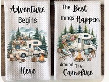 Set of Two Motorhome Tea Towels with Adventure Begins Here Novelty Gift