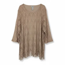 Catherines Womens 3X Brown Crochet Gold Metallic Fringe Lined Top