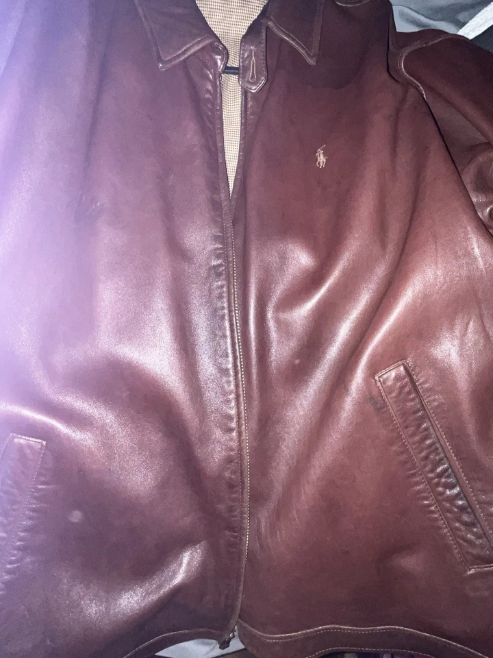 复古 Polo by RL 棕色 100% 皮革轰炸机飞行员夹克 XL 码 中国制造 — 第 2/4 张图片