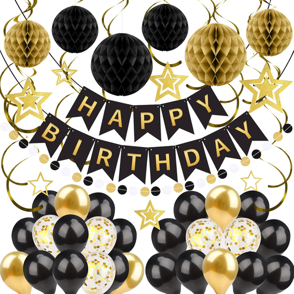 Zerodeco Schwarz Gold Geburtstagsdekorationen, Einfach Zu Montieren Happy Birthd-image