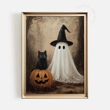 Ghost and Black Cat Halloween Wall Art, Pumpkin Witch Hat PRINTABLE Art Poster
