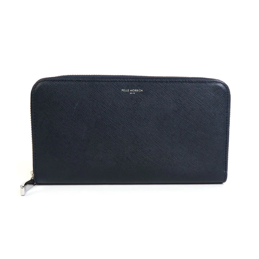 Auth PELLE MORBIDA Zip Around Long Wallet Navy Leather/Silvertone 
