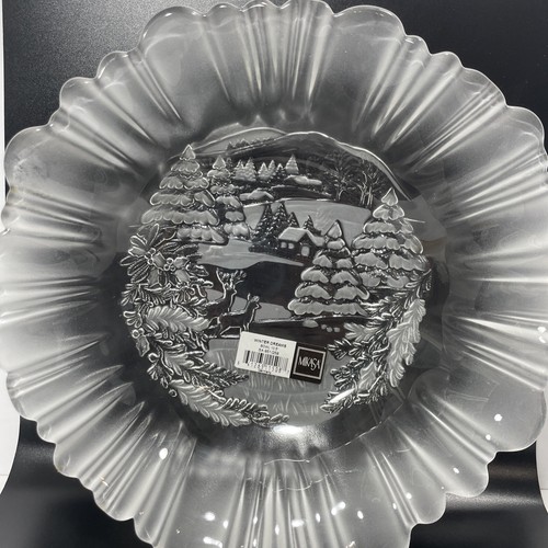 Mikasa Frosted Crystal Bowl 10 1/2” Winter Dreams Deer Log Cabin Nature Scene - Picture 2 of 11