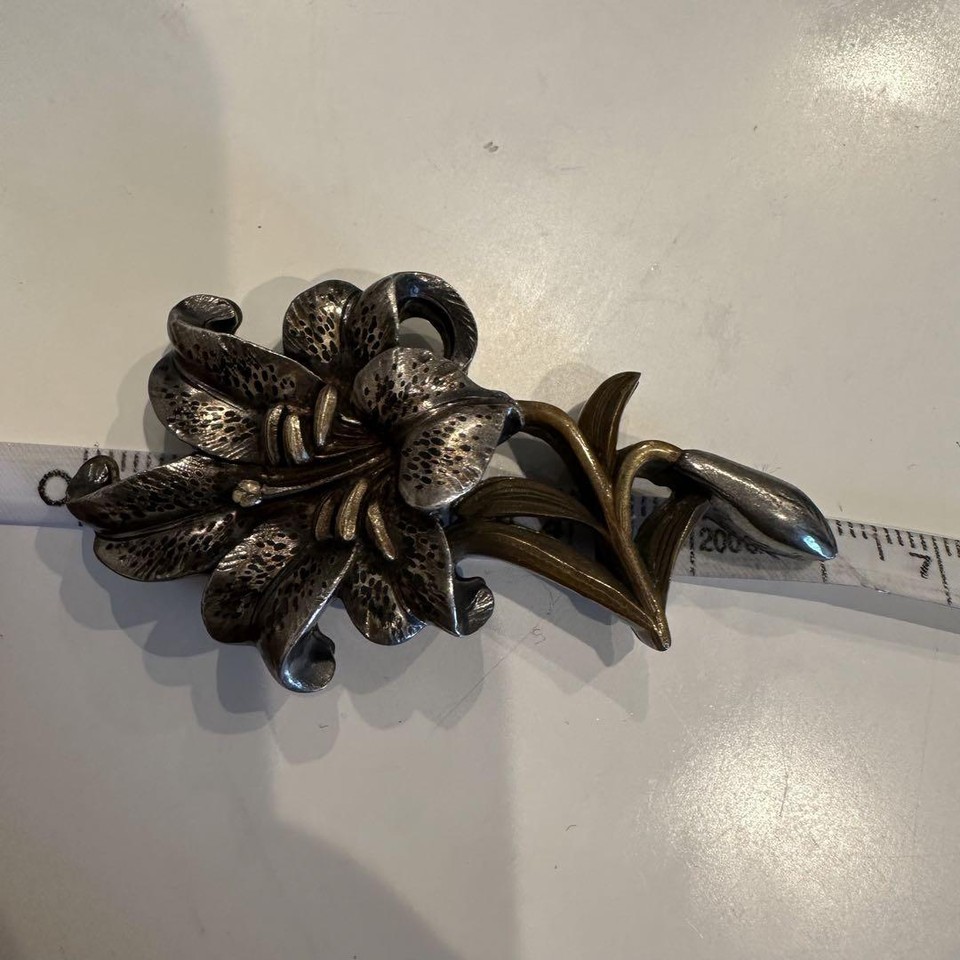 Japanese Antique Lily Obidome Silver carved Kimono Taisho era Vintage