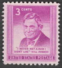 US. 975. 3c. Will Rogers (1879-1935) Humorist Political  Issue. MNH. 1948