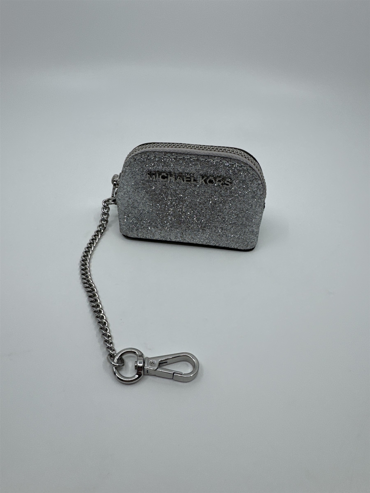Michael Kors Silver Glitter Coin Pouch with Zip Keychain Holder