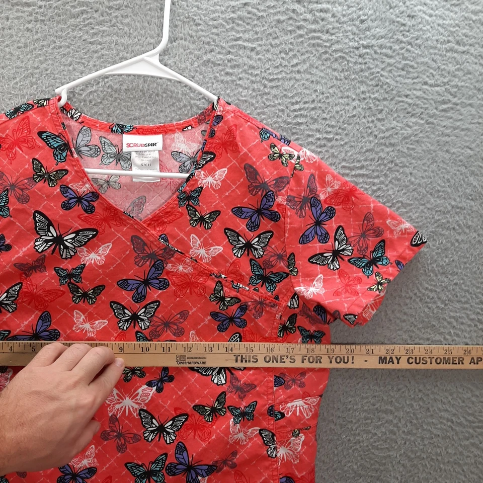 Scrubstar Scrub Top Womens Small Pink Butterfly V Neck Medical Dental Vet Nurse - Image 3 of 4