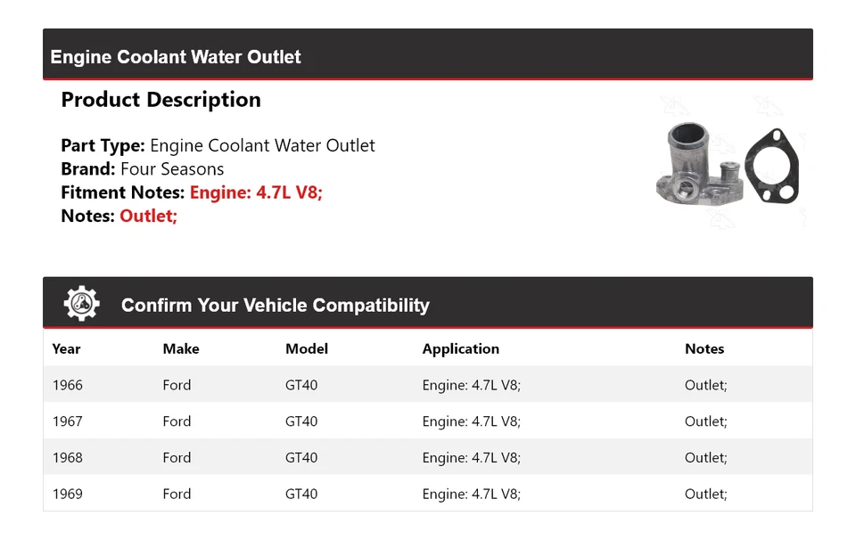 Para Ford GT40 1966-1969 4,7 L V8 motor refrigerante salida de agua 4 estaciones 1967 1968 Foto 2 de 4