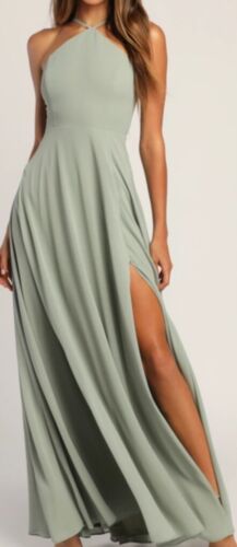 $98 ORIGINALLY FOR THIS LULUS | Sage Green Brush HALTER Maxi Dress FORMAL SZ XL