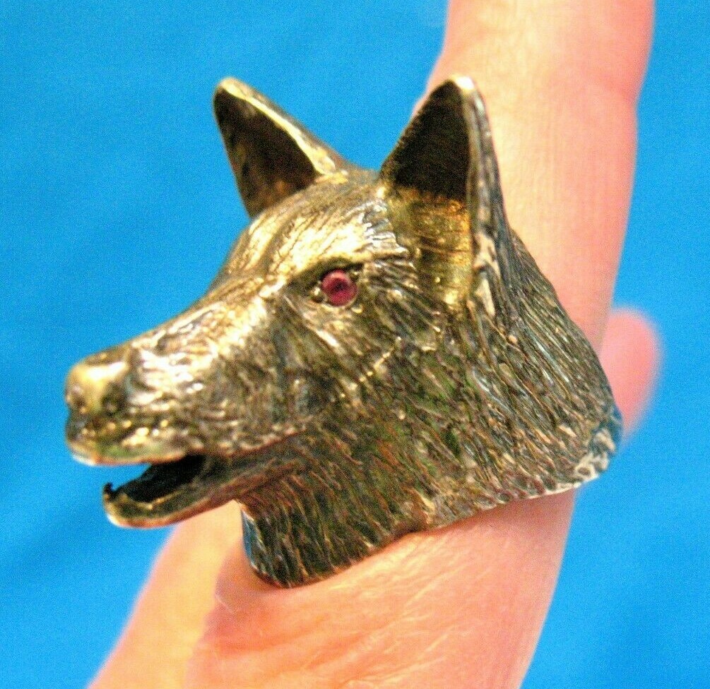 VINTAGE STERLING SILVER RUBY WOLF HEAD RING SIZE … - image 1