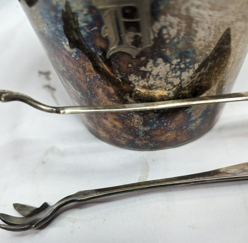 Vintage Used Silver Plated Initialed D Handled Ice T & T Bucket & Thongs - Picture 9 of 14