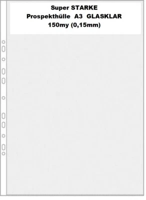PS-HANDELSHAUS 10x SUPER STARKE *A3* Prospekthülle 150my *GLASKLAR* Klarsichthülle Abheftrand