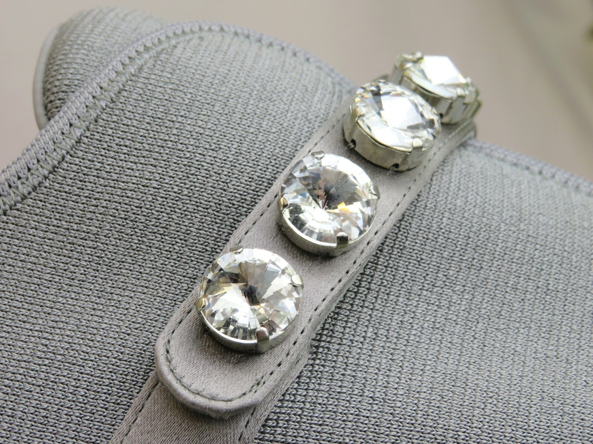 MIU MIU 5S376D GRAY KNIT CRYSTAL JEWELED LOGO ELASTIC SLIP