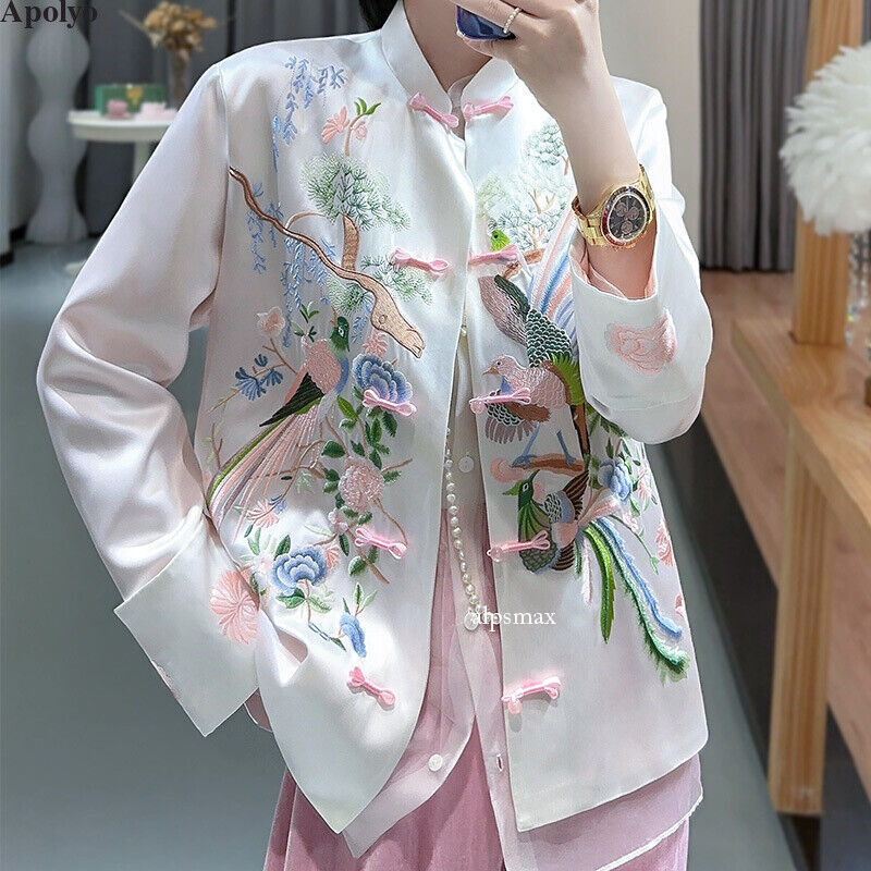 Ethnic Women Retro Embroidered Flower Birds Satin Chinese
