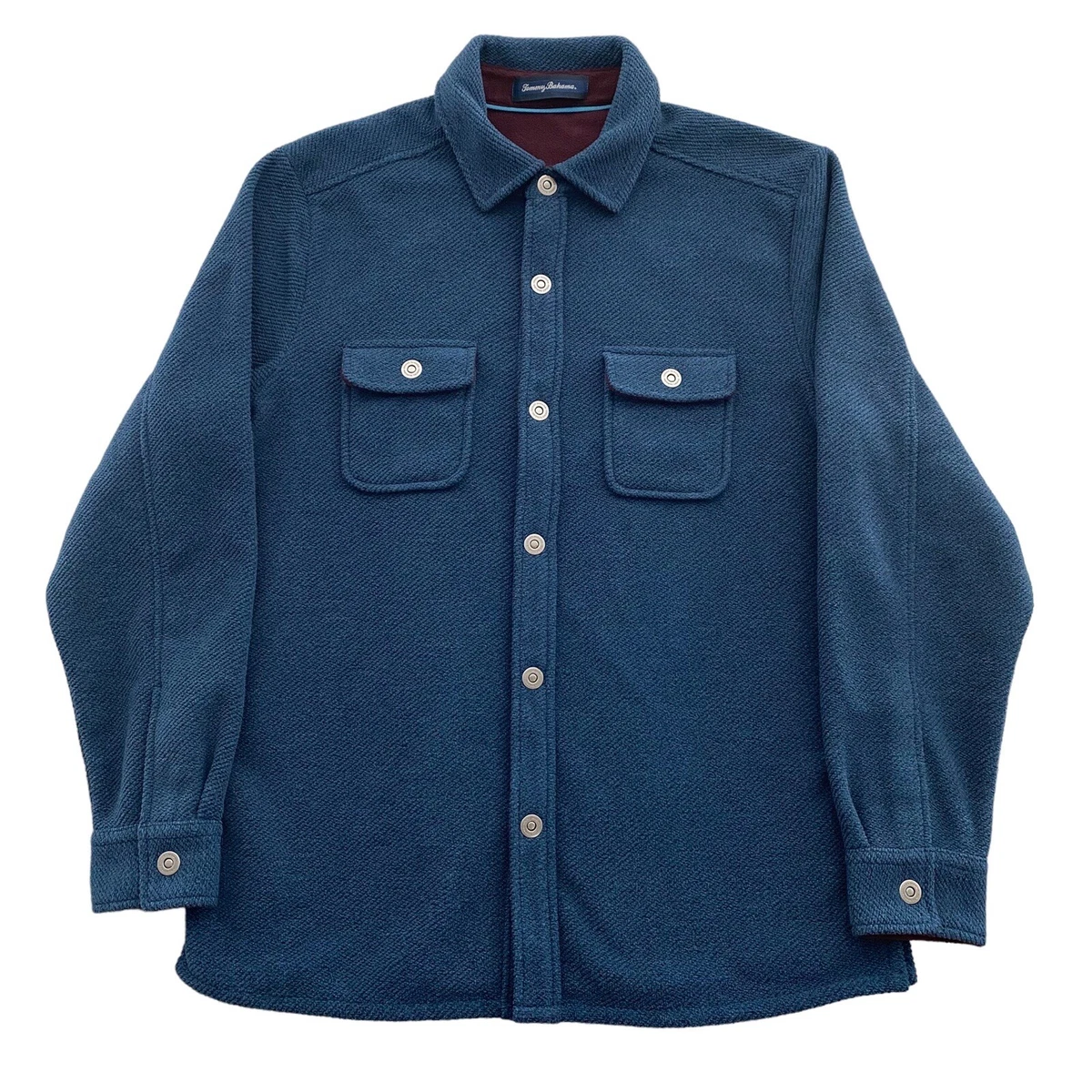 Tommy Bahama Shirt Jacket Men s Medium Blue Red Fleece Lined Snap Button Shacket