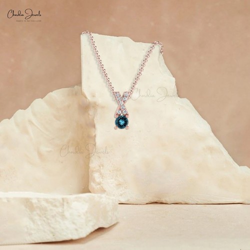 5mm London Blue Topaz X Pendant 14K Gold Diamond Wedding Necklace Gift For Women - Picture 17 of 22