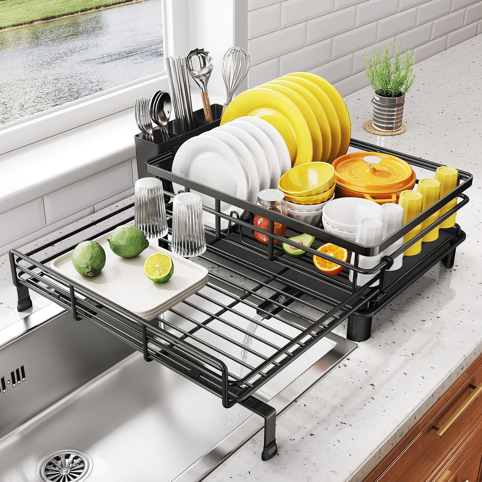 Expandable Dish Drying Rack Stainless Steel Black