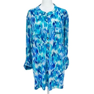 Ava & Grace Woman 2X Blouse Abstract Blue White Green Button Front Lagenlook