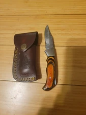 JW Steel Crafts Damascus Pocket Knife Brown & Dark Wood Handle