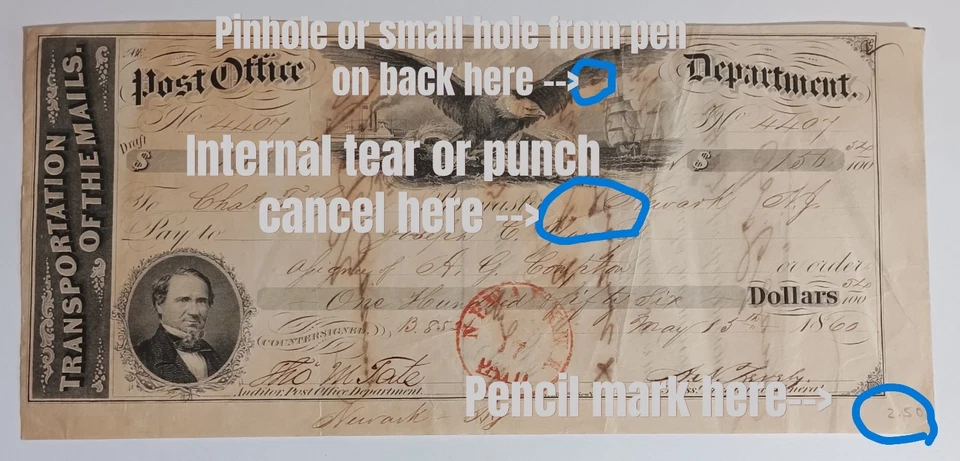 Post Office Department Transportation of the Mails Check Draft 1860 Newark NJ - Image 2 of 3