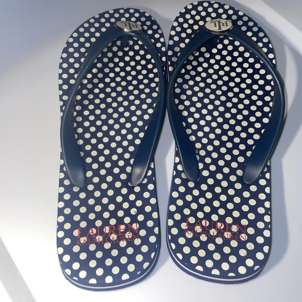 Chanclas Ralph Lauren para mujer 7/8 azul marino blanco lunares preppy Foto 3 de 4
