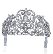 Victorian White Austrian Rhinestone Crystal Tiara Crown With Hair Combs Clear