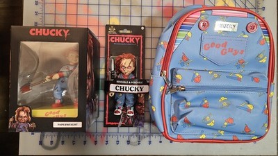 3 Items - Chucky Child's Play Package Mini Backpack, Paperweight, Toy Brand New