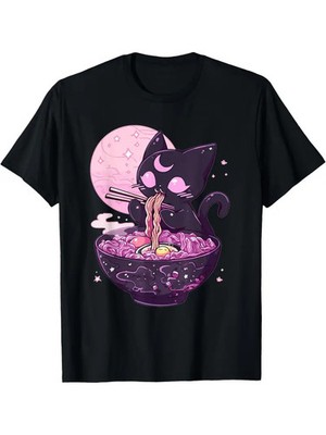1 cute and weird cat ramen T-shirt, men's casual cotton T-shirt, round neck, sli