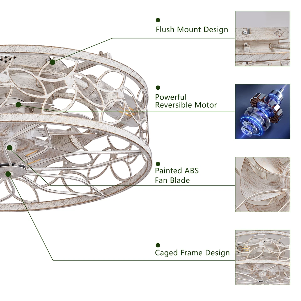 18" White Farmhouse Cage Flush Mount Ceiling Fan Light with Remote Control Kit - Image 4 of 4
