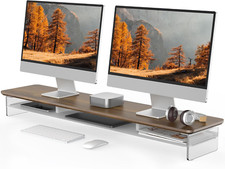 Clear Acrylic Dual Monitor Stand Riser with Metal Storage for Desk Organization