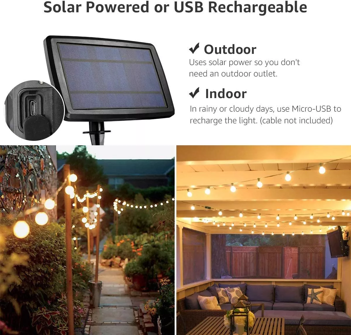 Le solar outdoor string lights led cheap patio lights usb rechargeable portable bistro lights