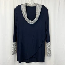 Be Stage Womens Tunic Top Blue White Long Sleeve Scoop Neck Petal Fold USA S