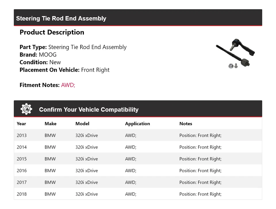 Conjunto de extremo de barra de amarre de dirección delantero derecho MOOG para BMW 320i xDrive 2013-2018 AWD Foto 2 de 4