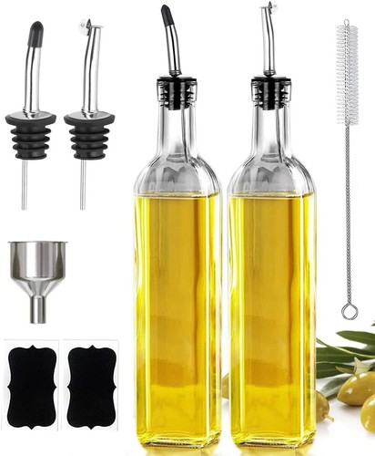 2 Pack Olive Oil Dispenser Bottles 500ml with Pourers Funnel Brush & Labels - Afbeelding 1 van 7