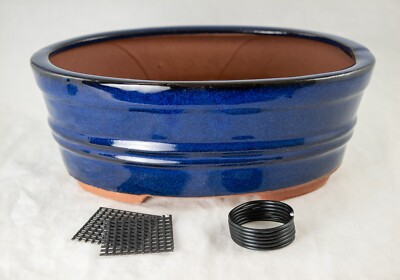 Oval Blue Glazed Bonsai, Cactus & Succulent Pot + Mesh & Wire - 8.25''x 6.25''x 3''
