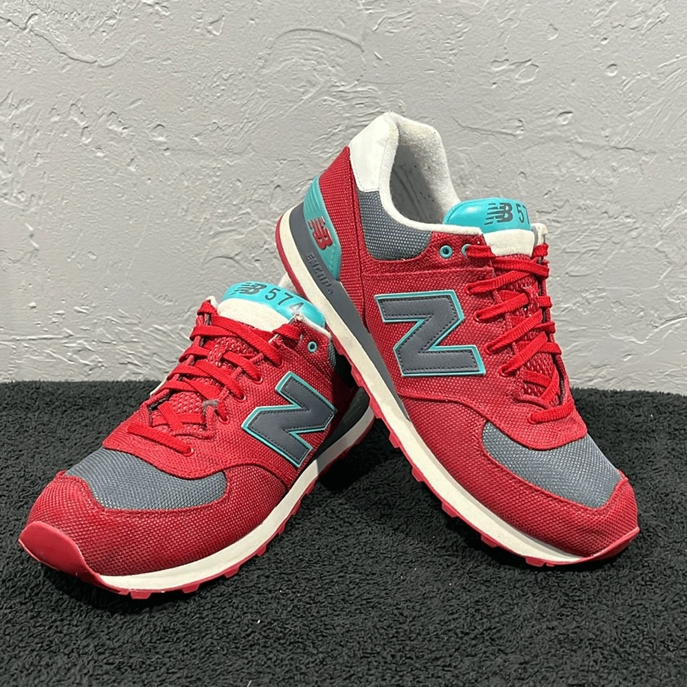 NEW BALANCE 574 Rosso Grigio Blu Acqua Sneakers Classiche Uomo Taglia 12 PERFETTE
