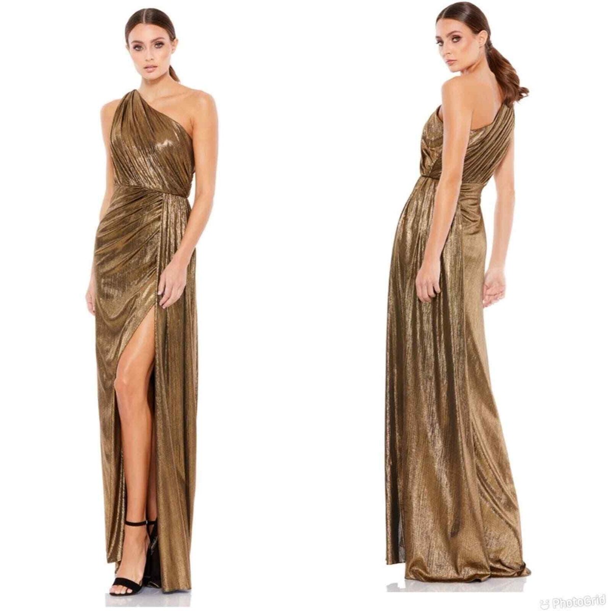 Mac Duggal Metallic Draped One Shoulder Grecian Gown Size 8