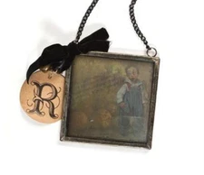 Primitive Glass Framed Boy with Jack-O-Lanterns Halloween Ornament Charm