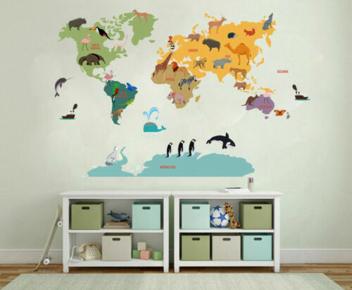 Safari Animal World Map Wall Sticker Nursery Decals Kids Room Home Decor  Gift | eBay