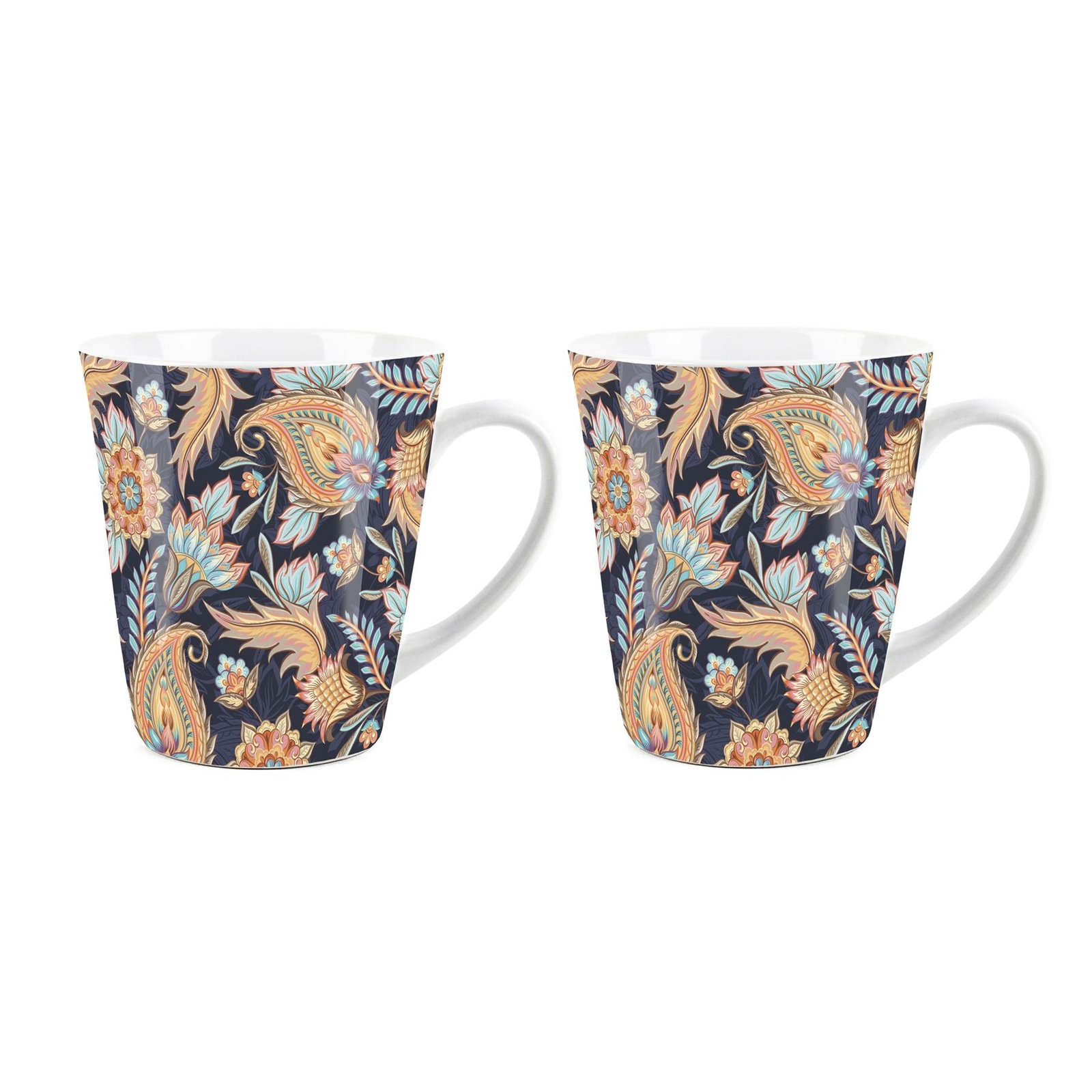 Paisley Flowers Latte Mugs - Dark Floral Coffee Cup Gift Set of 2