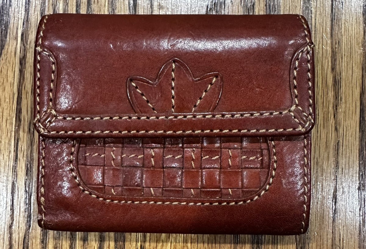 NICOLE St. GILLES PARIS Tan Brown Woven Leather Applique Trifold 