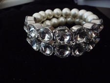 WEDDING 1 " W 2 ROWS LARGE FAUX PEARLS  RHINESTONE STRETCH BRACELET  23/7K