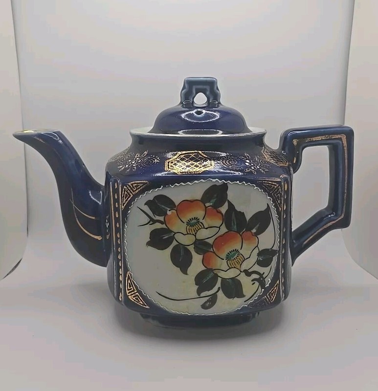 Antique 1930s Japanese Porcelain Hand Painted Tea Pot With Lid Floral Stamped