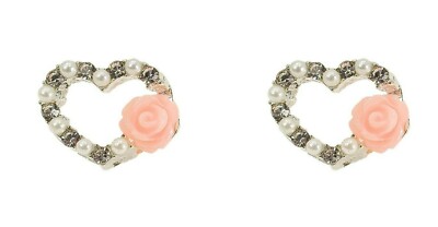 Precious Heart Earrings with Pearls, Crystals, and a Pink Rose - NEW
